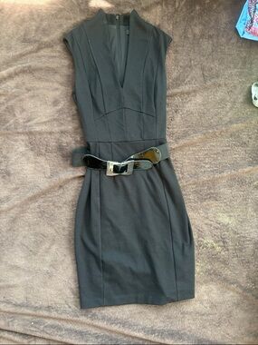 White House Black Market Black V-Neck Sheath Dress with Patent Belt